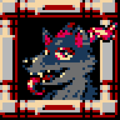 A Mega Man-style boss portrait of a black-and-grey-furred hellhound with red horns, a mohawk, and a long tongue sticking out.