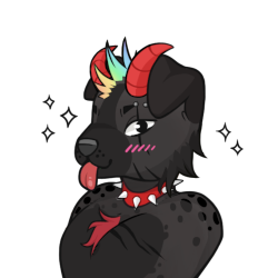 A black dog with a rainbow mohawk, red horns, a spiked collar, and a patch of red wool on its chest.